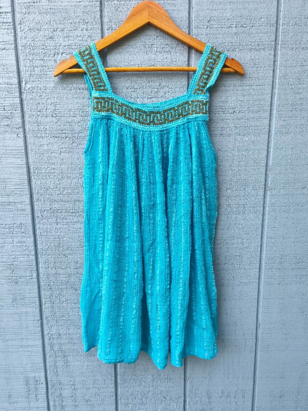 Free Size 100% Cotton Greek Embroidered Gauze Square Neck Babydoll Tunic Blue